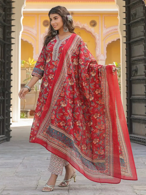 Women Red Floral Printed Pure Cotton Straight Kurta With Printed Dupatta & Printed Trouser